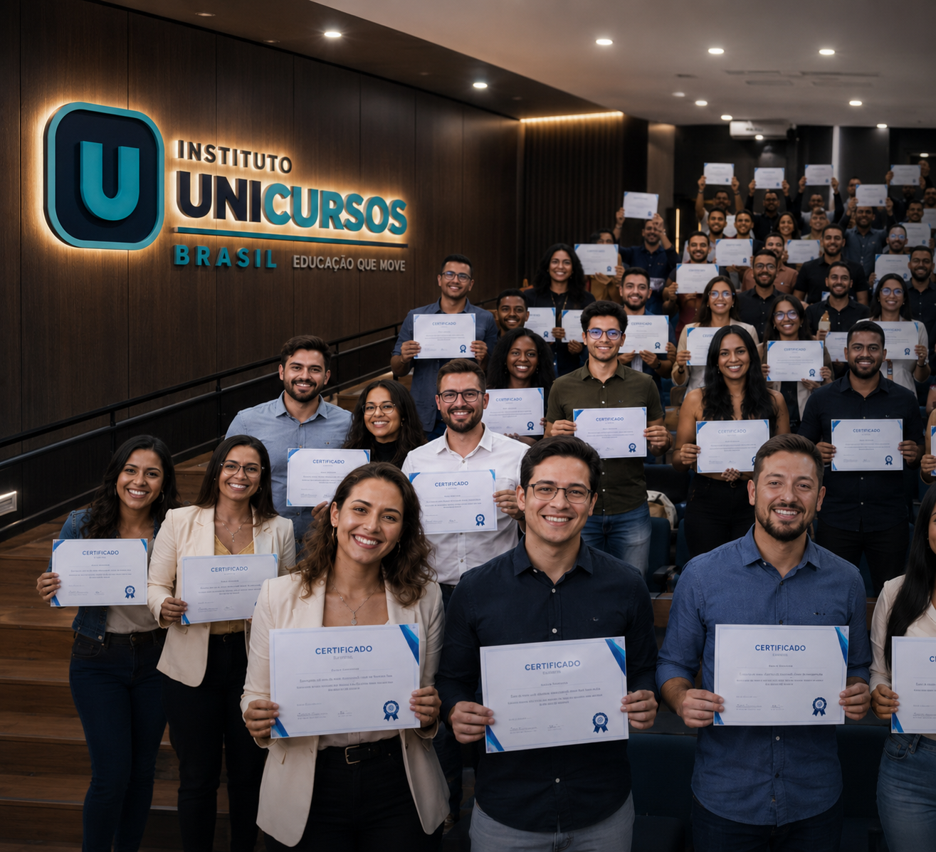 Painel luminoso do Instituto UniCursos Brasil e alunos com certificados